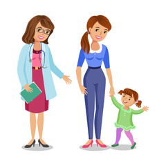Woman with little girl visiting doctor, mother and daughter