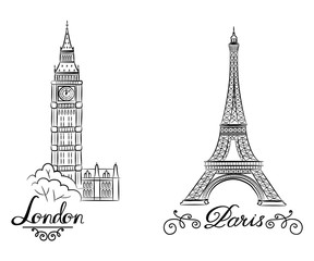 hand sketch World famous landmark collection : Big Ben London, England and sketch of Paris, Eiffel Tower. Vector illustration