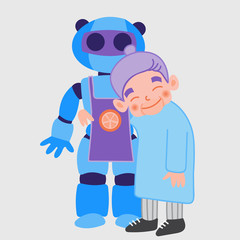 Old Lady with Robot. Old smiling woman character in blue dress with a domestic robot house helper