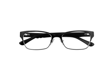 Black horn rimmed glasses isolated on white