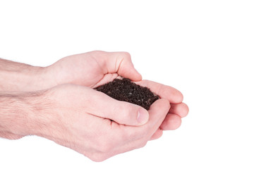 hands are holding black garden soil in closeup over white backgr