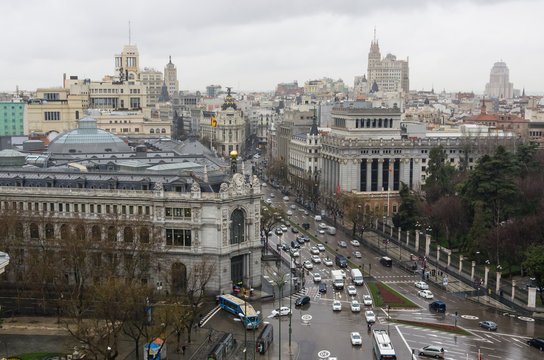 Calle de Alcala in Madrid, Spain. Vew from above