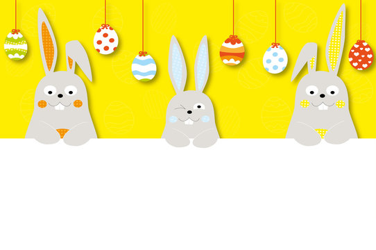 Funny Easter banner with cute cartoon bunnies and hanging Easter eggs / vector illustration for children
