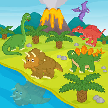 dinosaurs and prehistoric landscape - vector illustration, eps