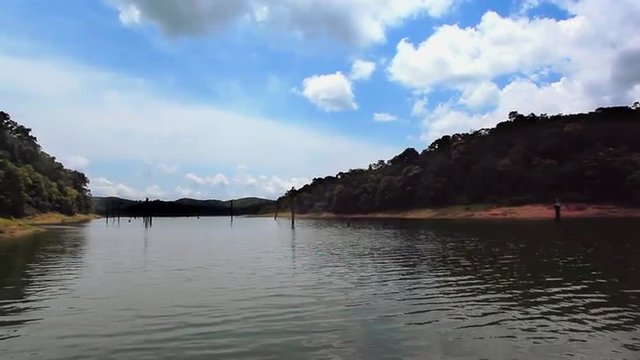 Tracking shot of a lake, Periyar Lake, Thekkady, Kerala, India