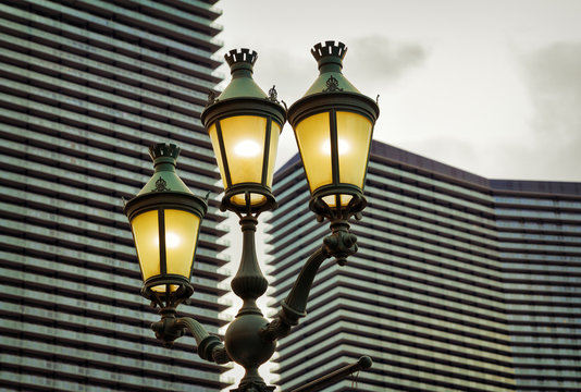 Electric street lamp in the evening, Las Vegas, USA