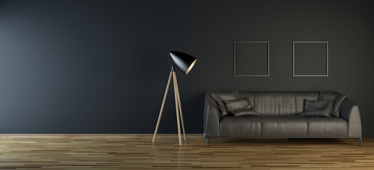 Black room with leather sofa and floor lamp