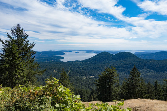 Orcas Island View of the Puget Sound, Forests, and Mountain Peaks from Eastsound, Washington