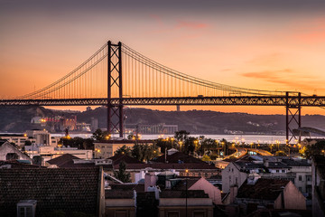 25 Abril Bridge view at nightfall, Lisbon, Portugal