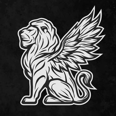 Lion with wings. On a dark background.