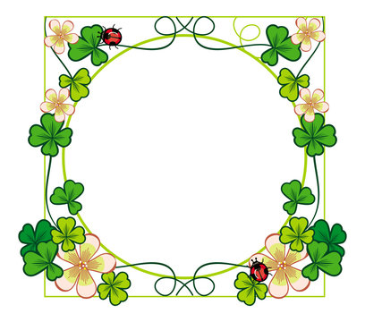 Round color frame with clover and ladybirds