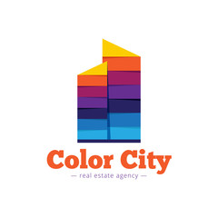 Vector trendy paper style multicolor skyscrappers logo. Real estate flat logotype