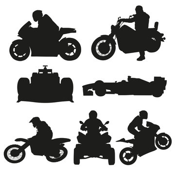 Road motorcycles, motocross and racing cars set of vector silhou