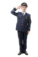 Obraz premium Full length portrait of young army officer saluting isolated on