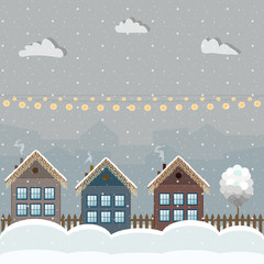 Naklejka premium Colorful Wooden Houses, Winter Theme