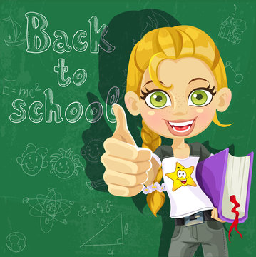 Banner Back to school - cute girl at the board ready to learn