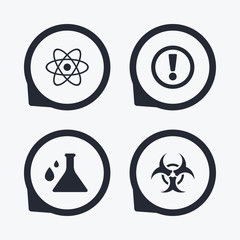 Attention biohazard icons. Chemistry flask.