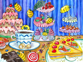Colorful funny bees in sweetshop, hand drawn illustration