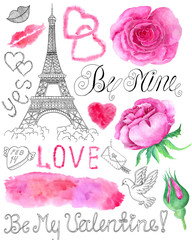 Design set with watercolor roses and graphic love symbols