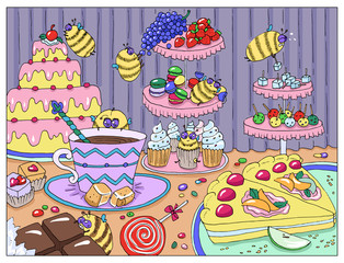 Painting with funny bees in sweetshop