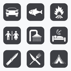 Fototapeta premium Hiking travel icons. Camping, shower and toilet.