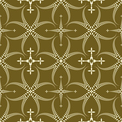 Religion seamless pattern. Laurel wreath ceremonial texture. Curled, swirl stylized ornament with cross. Yellow, gold colored background. Vector