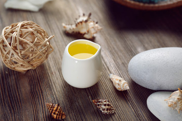 Spa set on wooden table closeup