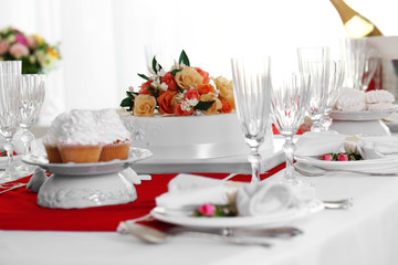 Beautiful served table for wedding or other celebration in restaurant