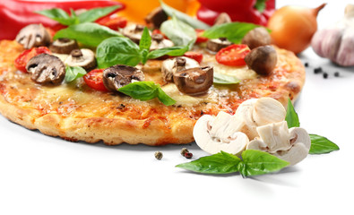 Delicious pizza and vegetables on white background, close up