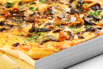 Tasty fresh pizza in carton box, close up