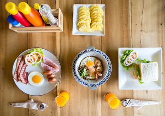 Delicious breakfast for two in the morning. top view