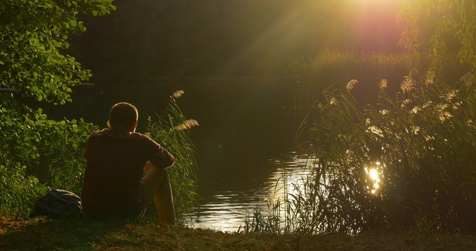 Man is Sitting at The Lake Bank Cover His Face with Hand Throws a Fist Three Times Talking by Mobile Phone Man's Silhouette Overgrown Bank Green Reed