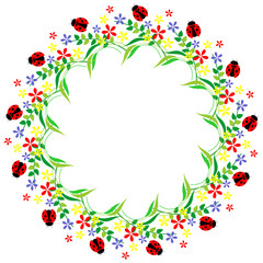 Floral frame with insects. Colorful flower, leaves and ladybugs arranged in a shape of the circle. Vector design. Series of Cards, Blanks and Forms.