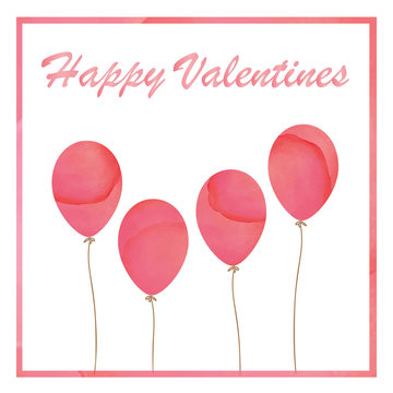 Pink pastel watercolor style of Valentines card. Balloons card for Valentine.