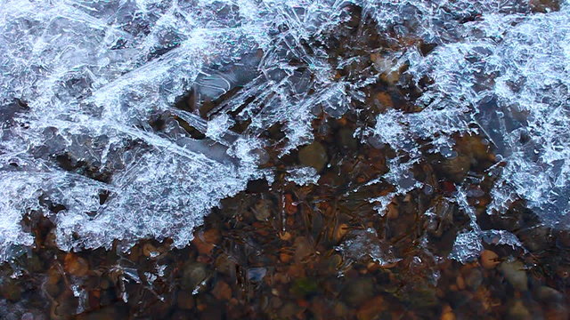 Clear water flows under thin winter ice of a Midwestern United States river