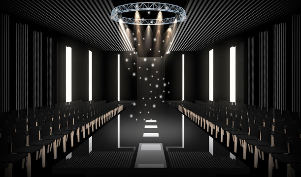 3D illustration of fashion empty runway with spot light. before a fashion show