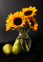 Sunflower, Vase & Pear
