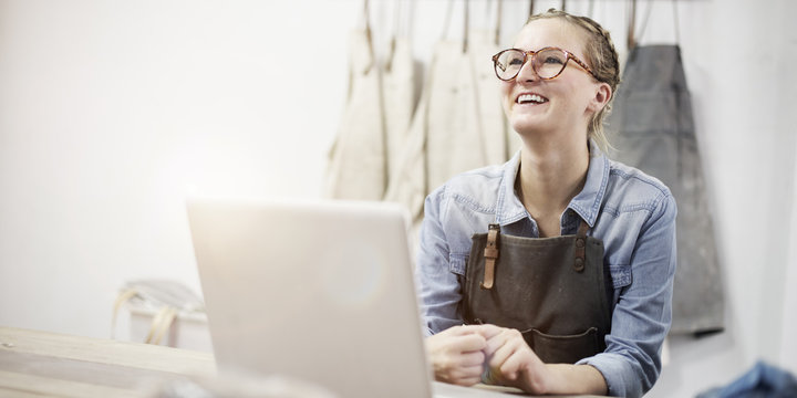 Woman Working Showroom Smiling Connection Labtop Concept