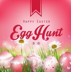Beautiful Easter Red Background with flowers and colored eggs in the grass 