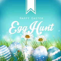Beautiful Easter Blue Background with flowers and colored eggs in the grass 