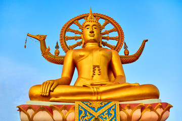 Spirituality. Close Up Of Golden Buddha Statue In Wat Phra Yai, The Big Buddha Temple At Koh Samui, Thailand, Asia. Buddhism Religion, Praying, Meditation. Buddha Symbol. Travel, Tourism.