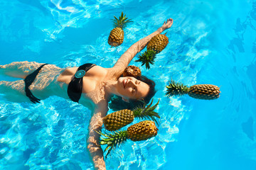 Healthy Diet, Nutrition. Woman With Pineapples In Pool ( Water )