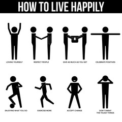 How to live happily stick figure infographic sign symbol pictogram vector