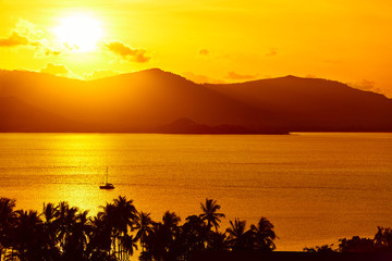 Nature Background. Scenic View Landscape Of Tropical Island Coast At Orange Sunset Over Beautiful Sea With Floating Boat And Palms Silhouette. Scenery. Travel To Thailand. Tourism. Summer Vacations 