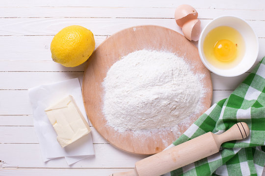Ingredients for dough - flour, egg, butter, lemon