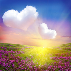 Panele Szklane Podświetlane  Kwiecista łąka z chmurami w kształcie serca