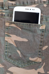 Smart Phone in camouflage pants pocket.