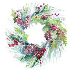 fir wreath watercolor illustration - 101870527