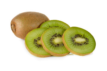 whole and sliced kiwi fruit on white background