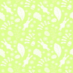 Seamless pattern with cute rabbits and floral elements.